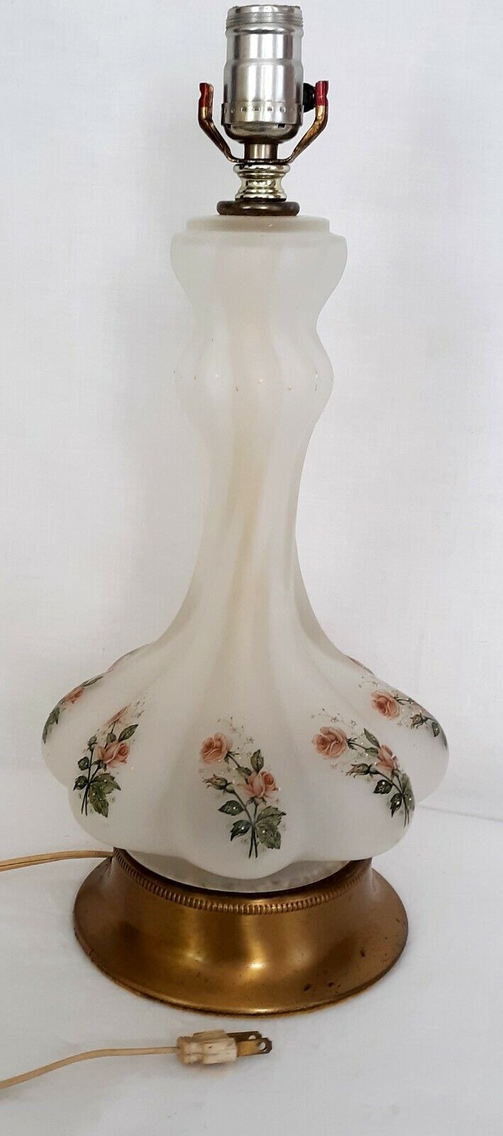 Vintage Table Lamp Off White Glass Brass Base Fine Painted Pink