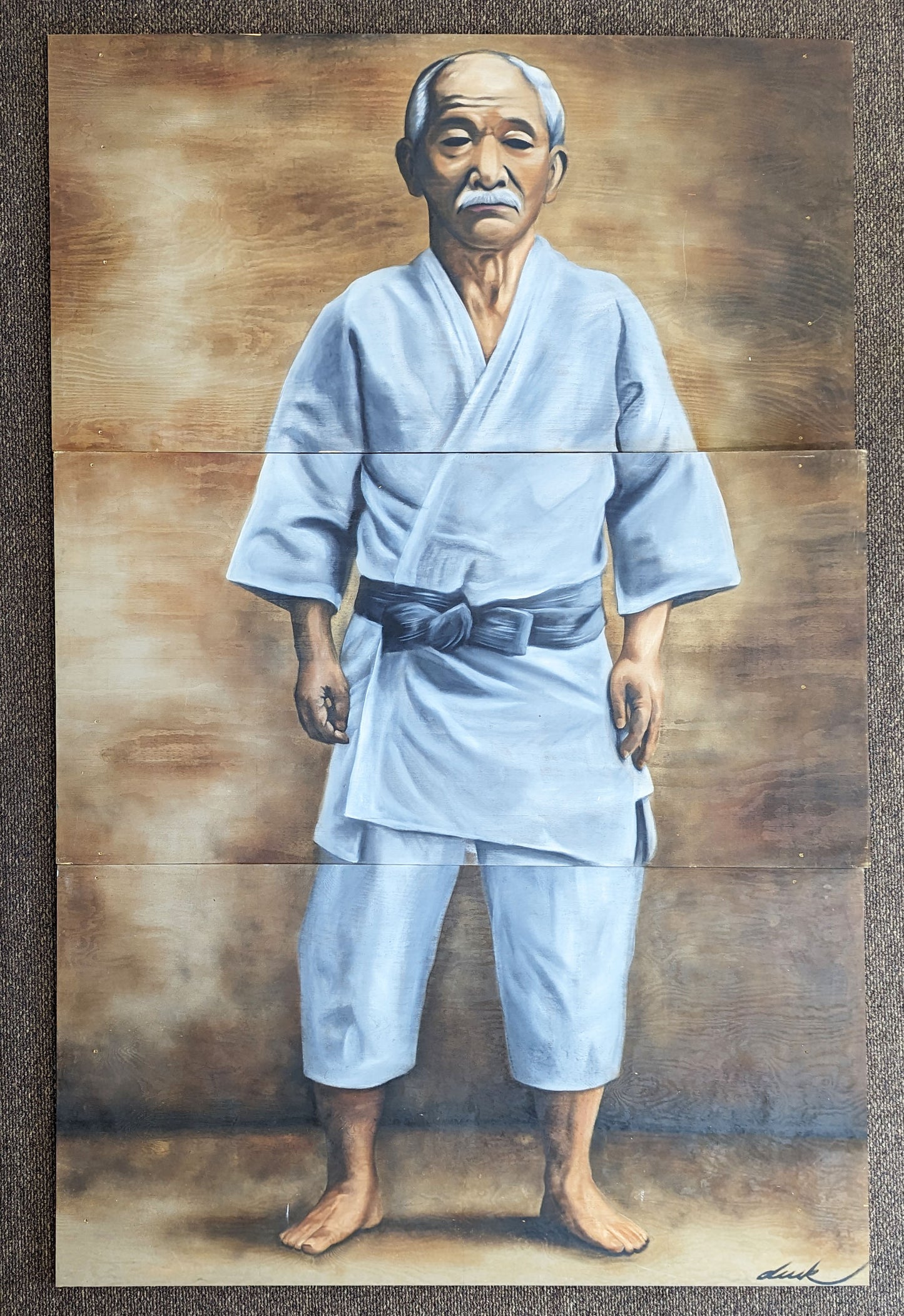 8'x12' Vintage Hand Painted Mural Sensei Jigoro Kano Painting Portrait Signed Original Wood Wooden Wall Hanging Judo Dojo Gym Decor