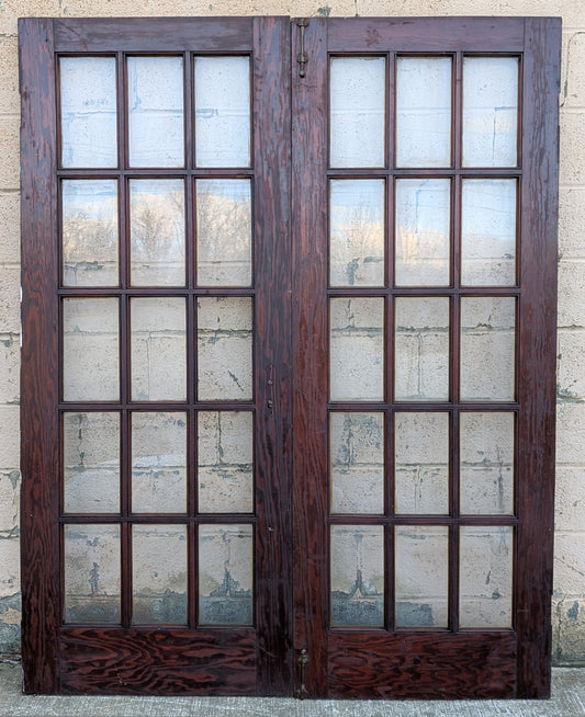 60"x77" Pair of Antique Vintage Old Reclaimed Salvaged French Double Wood Wooden Doors 30 Windows Wavy Glass