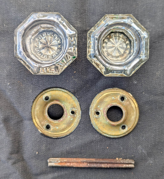 RARE! Pair Antique Vintage Old Salvaged Reclaimed Sunken Recessed Center Octagonal Glass Doorknobs Door Knobs Brass Round Plates Rosettes