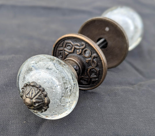 Pair Vintage Old NOS Bubble Glass Door Knob Doorknob Copper Cast Iron Plate Rosette Set