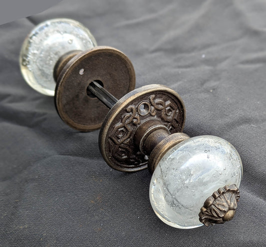 Pair Vintage Old NOS Bubble Glass Door Knob Doorknob Copper Cast Iron Plate Rosette Set