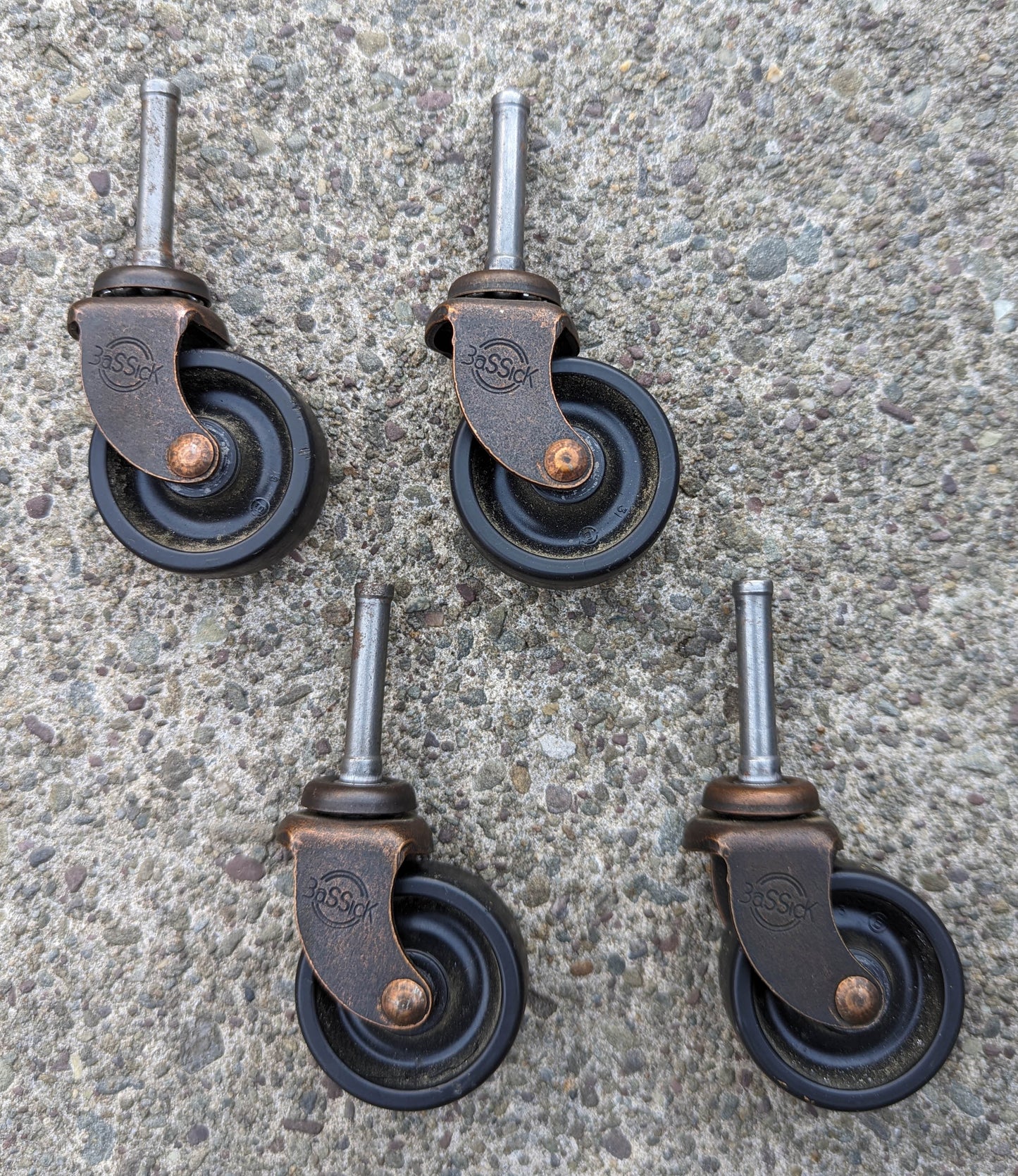 Set 4 Vintage Old Reclaimed Salvaged BASSICK 1.5" Copper Steel Caster Broyhill Dresser Cabinet Furniture Feet Rubber Wheel Roller Ball Bearing