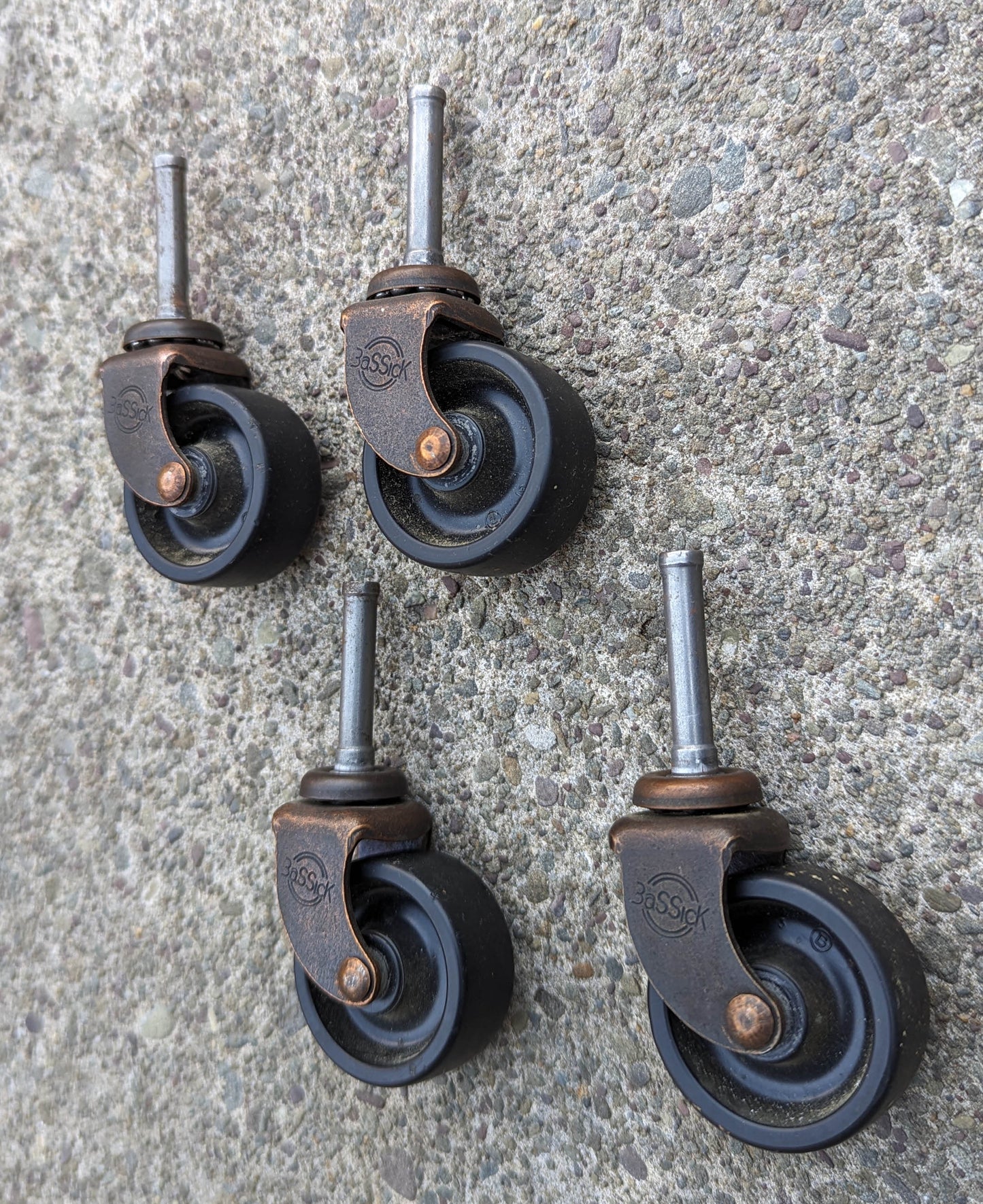 Set 4 Vintage Old Reclaimed Salvaged BASSICK 1.5" Copper Steel Caster Broyhill Dresser Cabinet Furniture Feet Rubber Wheel Roller Ball Bearing