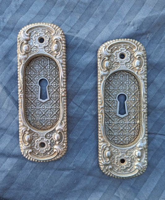 6 available RESTORED Pair 2"x6" Antique Vintage Old Victorian SOLID Copper Cast Iron Pocket Sliding Door Key Plate Pull Handle