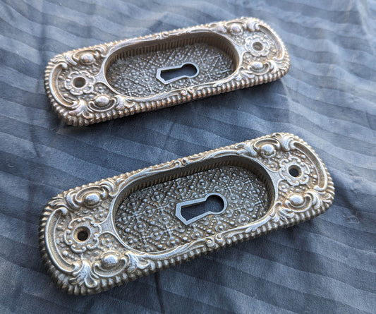 6 available RESTORED Pair 2"x6" Antique Vintage Old Victorian SOLID Copper Cast Iron Pocket Sliding Door Key Plate Pull Handle