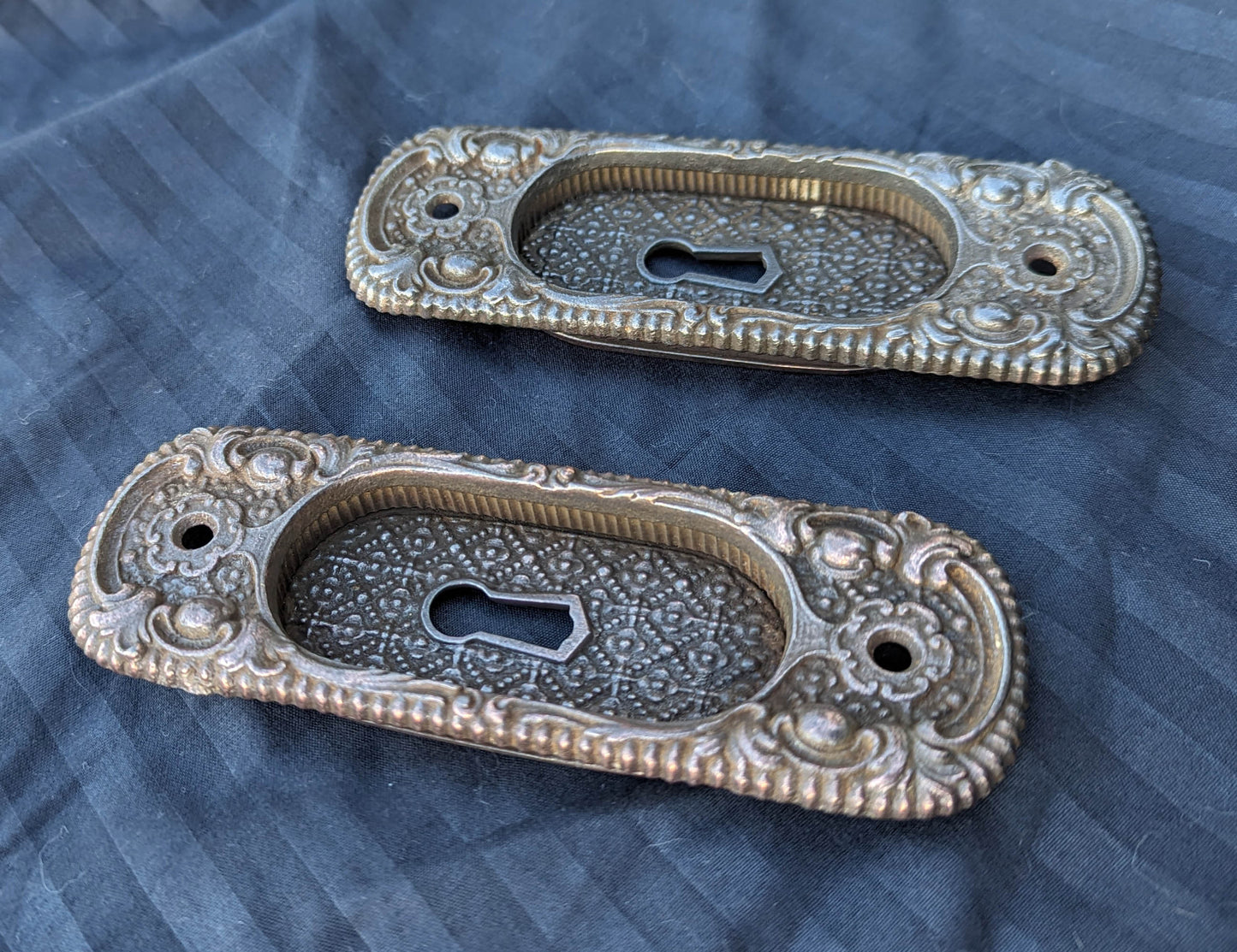 6 available RESTORED Pair 2"x6" Antique Vintage Old Victorian SOLID Copper Cast Iron Pocket Sliding Door Key Plate Pull Handle