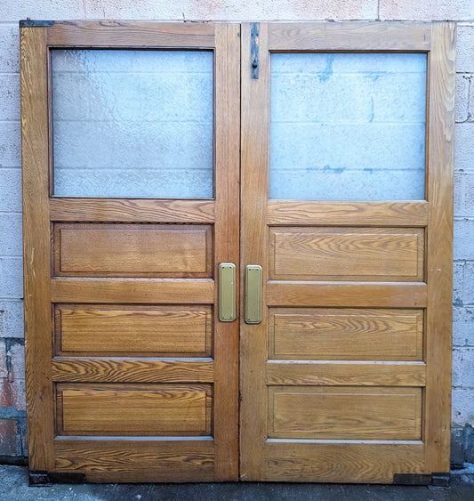 72"x83" Pair of Antique Vintage Old Reclaimed Salvaged Wooden Interior Swinging Door Window Textured Glass