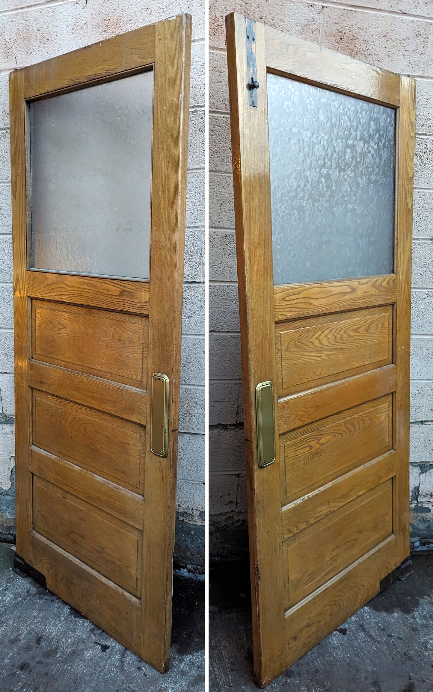 72"x83" Pair of Antique Vintage Old Reclaimed Salvaged Wooden Interior Swinging Door Window Textured Glass