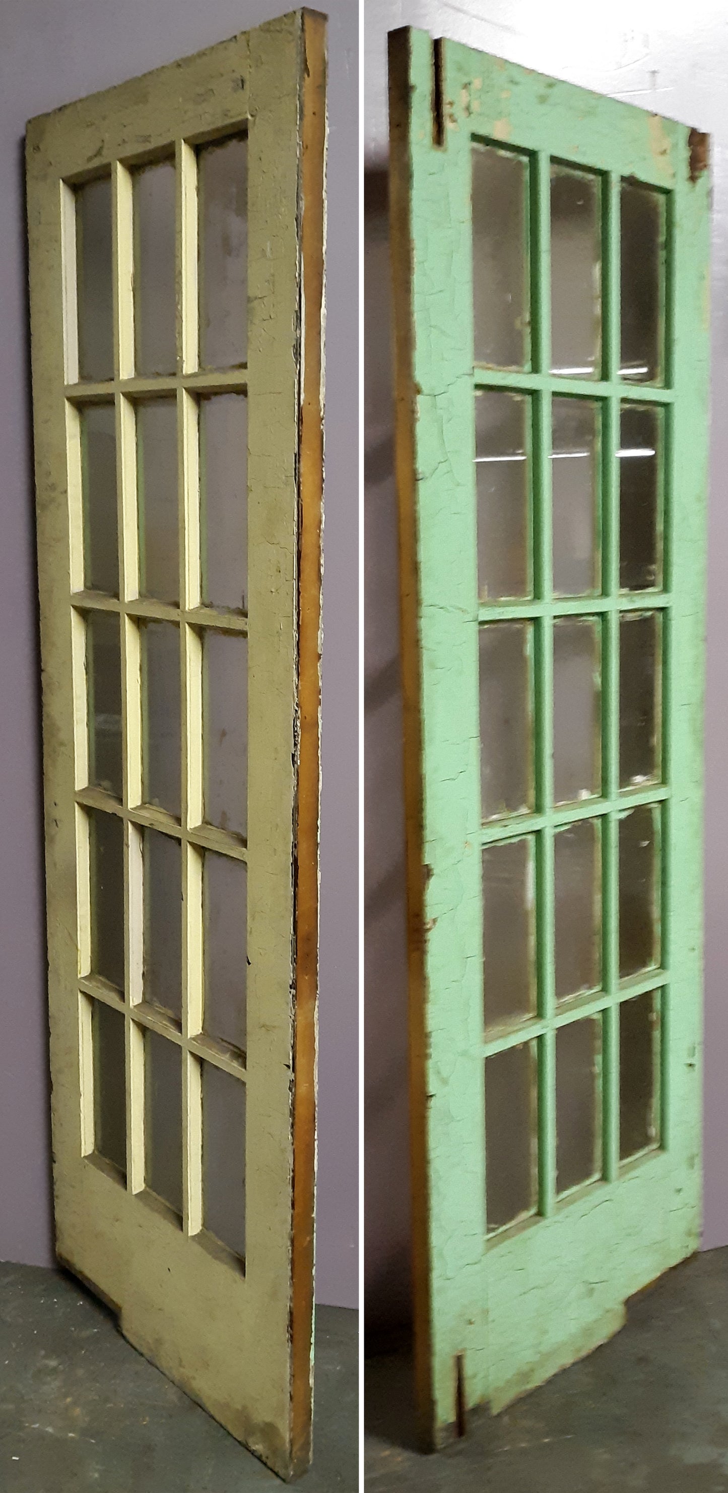 28.5"x83"x.1.75" Antique Vintage Wooden French Swinging Door Window Beveled Glass