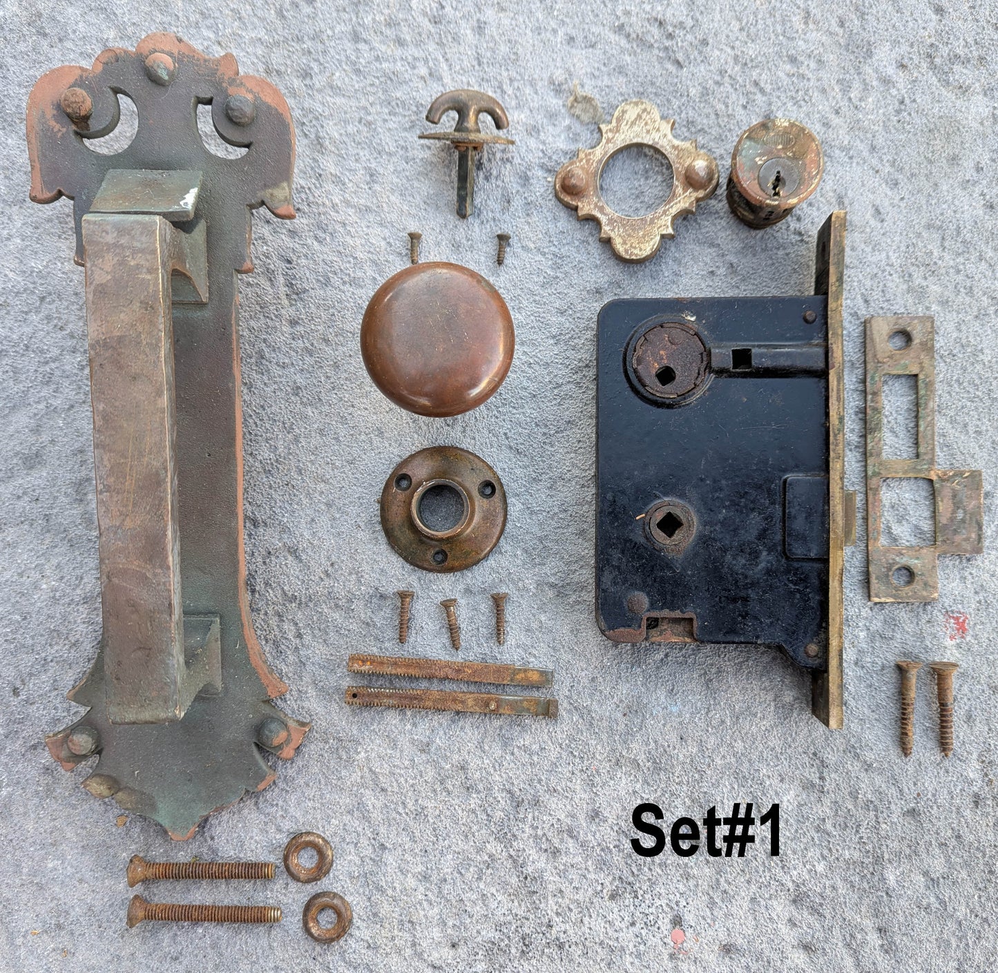 2 available Antique Vintage Old Salvaged Reclaimed "Corbin" Exterior Entry Entrance Door Set SOLID Brass Handle Pull Knob Plate Lock Lockset