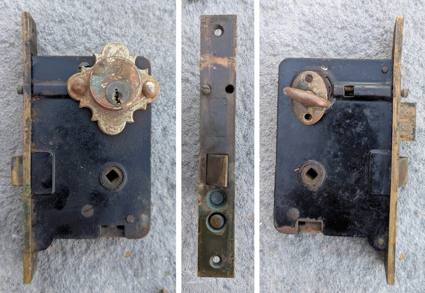 2 available Antique Vintage Old Salvaged Reclaimed "Corbin" Exterior Entry Entrance Door Set SOLID Brass Handle Pull Knob Plate Lock Lockset