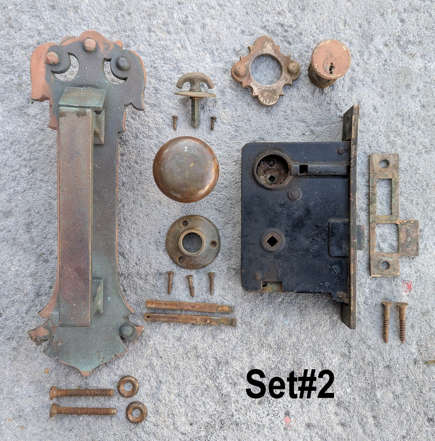 2 available Antique Vintage Old Salvaged Reclaimed "Corbin" Exterior Entry Entrance Door Set SOLID Brass Handle Pull Knob Plate Lock Lockset