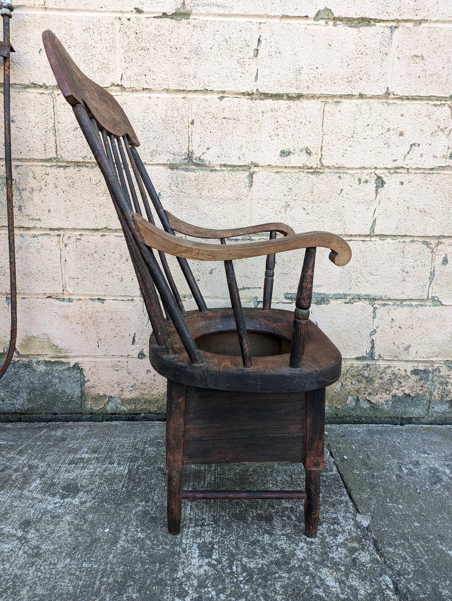 40H" Antique Vintage Old "Hamilton" Solid Wood Wooden Commode Adult Potty Toilet Accent Side Parlor Armchair Chair Fabric Seat