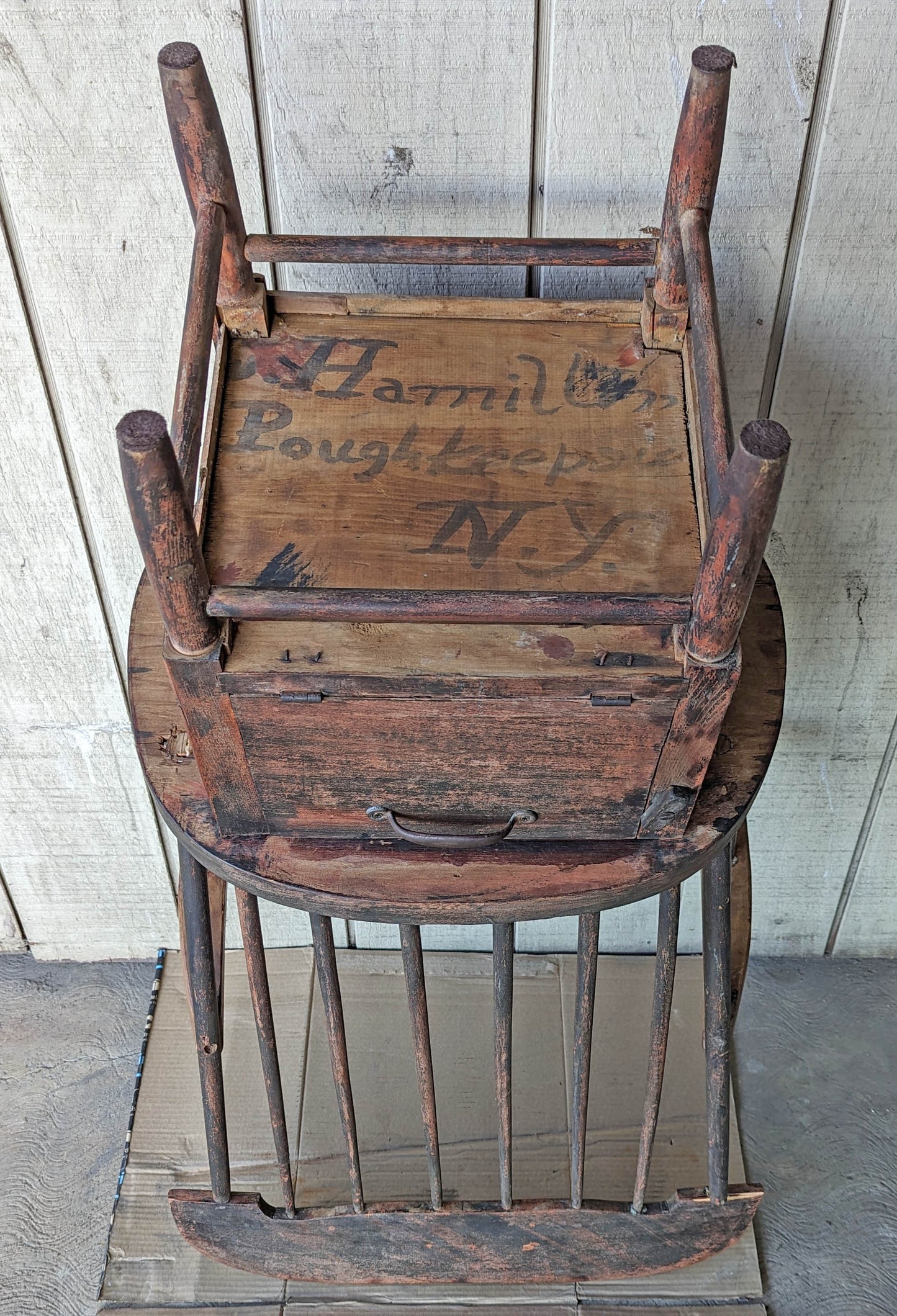 40H" Antique Vintage Old "Hamilton" Solid Wood Wooden Commode Adult Potty Toilet Accent Side Parlor Armchair Chair Fabric Seat