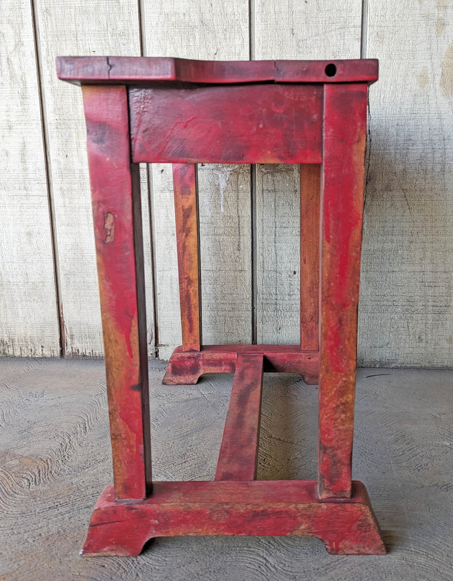 Red Vintage Antique Old Solid Hard Wood Wooden Rectangular Bench Table Chair Foot Stool Plant Stand Side Accent Chair Seat Ottoman