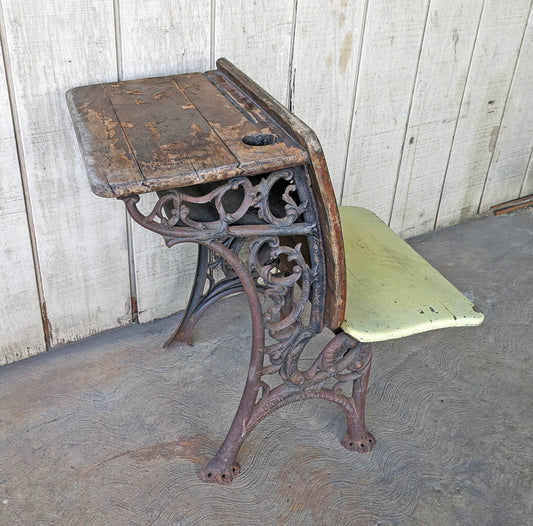 Antique "Haney School Furniture Co" Vintage Old Victorian Wood Wooden Ornate Cast Iron Legs Student Child Desk Side End Table Foldable Seat