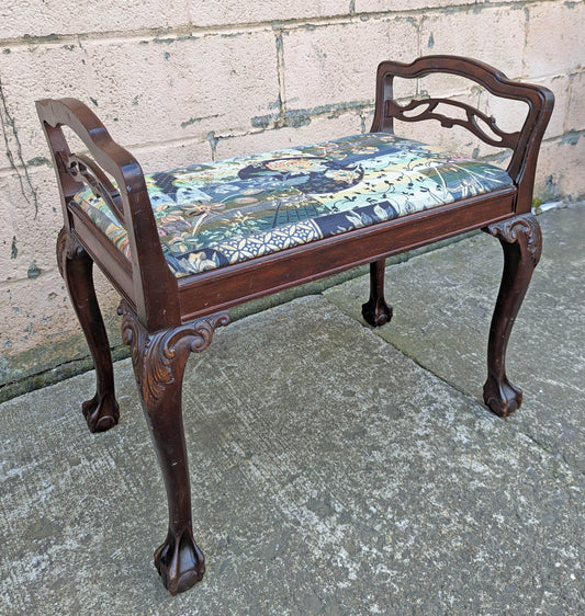 Antique Vintage Old Victorian Carved SOLID Wood Wooden Bench Settee Chair Stool Fabric Seat Claw Feet