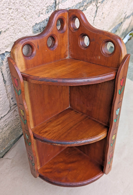 20"H Vintage Old Handmade SOLID Cherry Wood Wooden Corner Wall Shelf Shelves Shelving Curved 3 Tier Hand Home Made