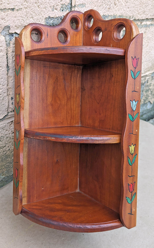 20"H Vintage Old Handmade SOLID Cherry Wood Wooden Corner Wall Shelf Shelves Shelving Curved 3 Tier Hand Home Made