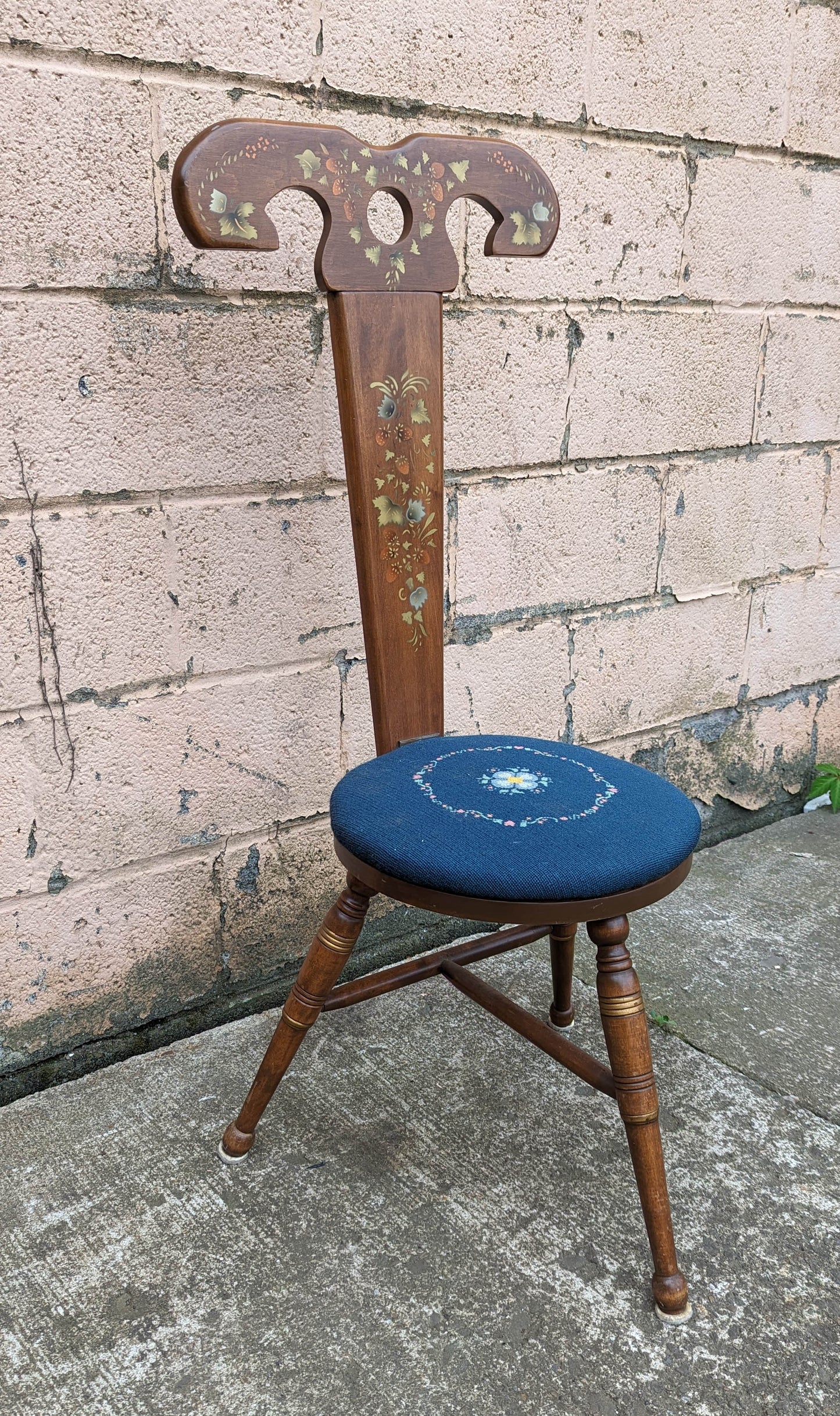 RARE! Vintage Antique Old 3 Leg Maple Wood Wooden Side Accent Dressing Chair Fabric Round Upholstered Seat