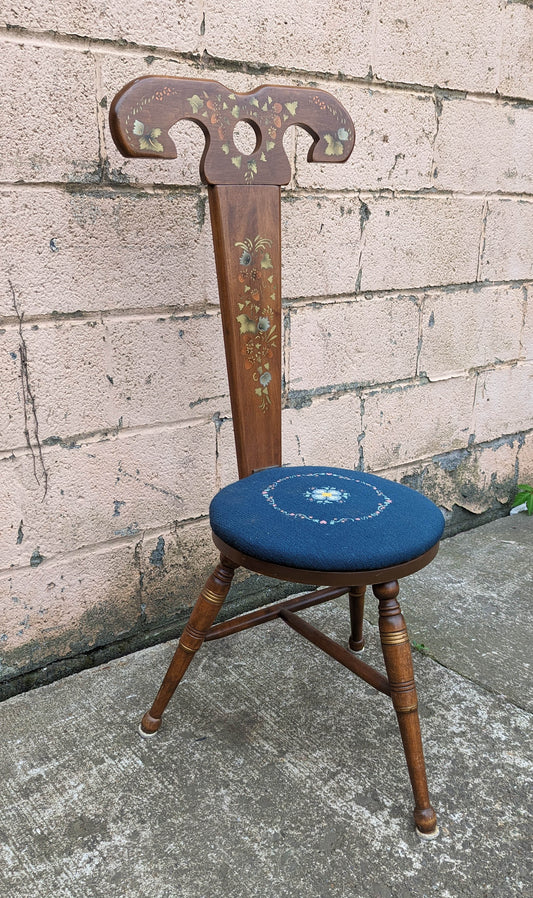 RARE! Vintage Antique Old 3 Leg Maple Wood Wooden Side Accent Dressing Chair Fabric Round Upholstered Seat