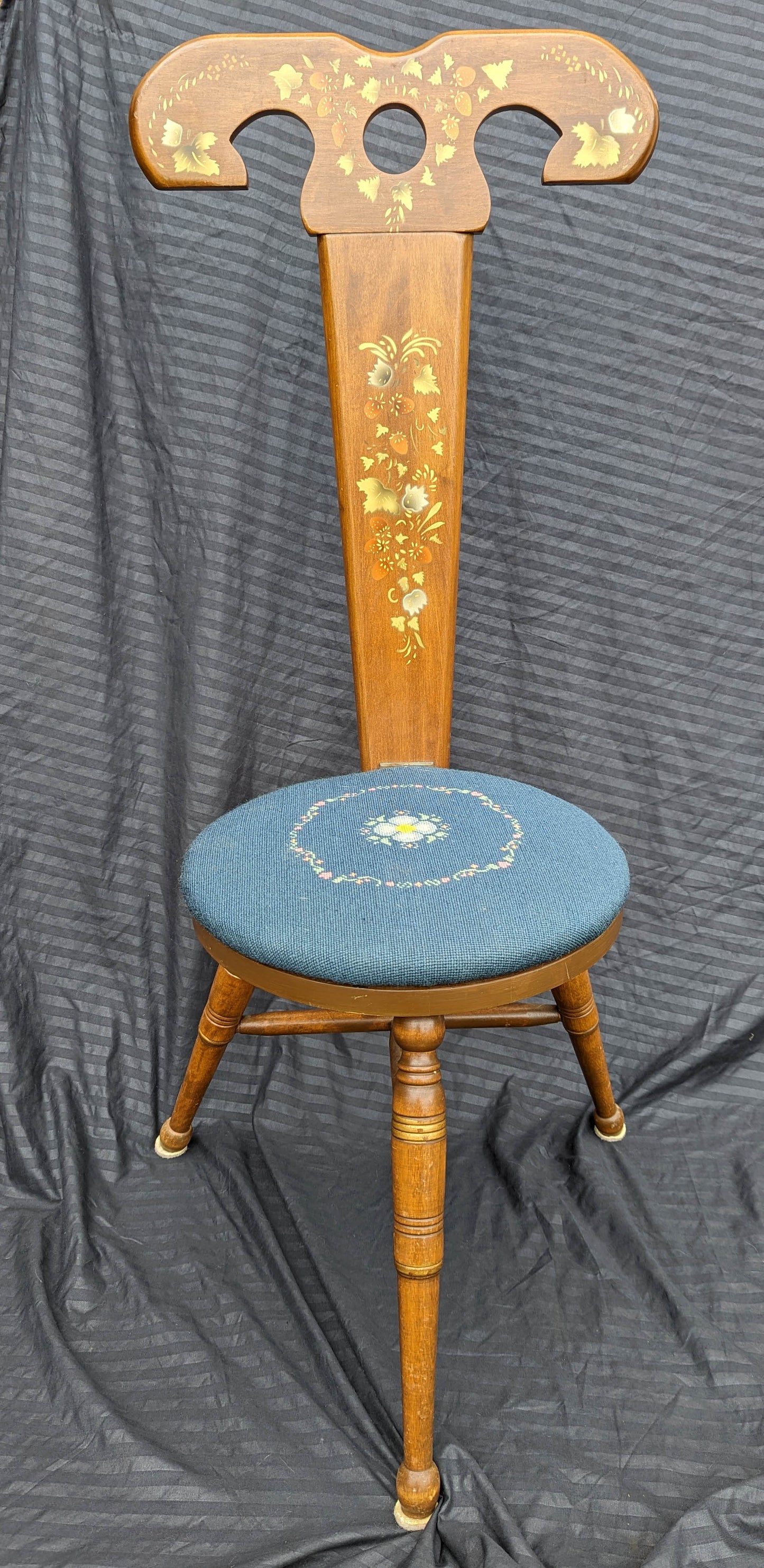 RARE! Vintage Antique Old 3 Leg Maple Wood Wooden Side Accent Dressing Chair Fabric Round Upholstered Seat