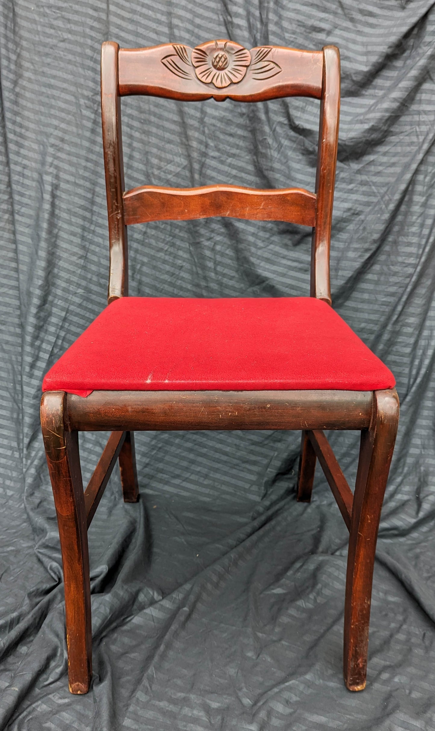 Antique Vintage Old SOLID Wood Wooden Floral Carved Side Dining Accent Desk Chair Red Fabric Seat