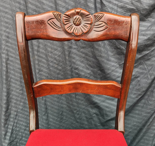 Antique Vintage Old SOLID Wood Wooden Floral Carved Side Dining Accent Desk Chair Red Fabric Seat
