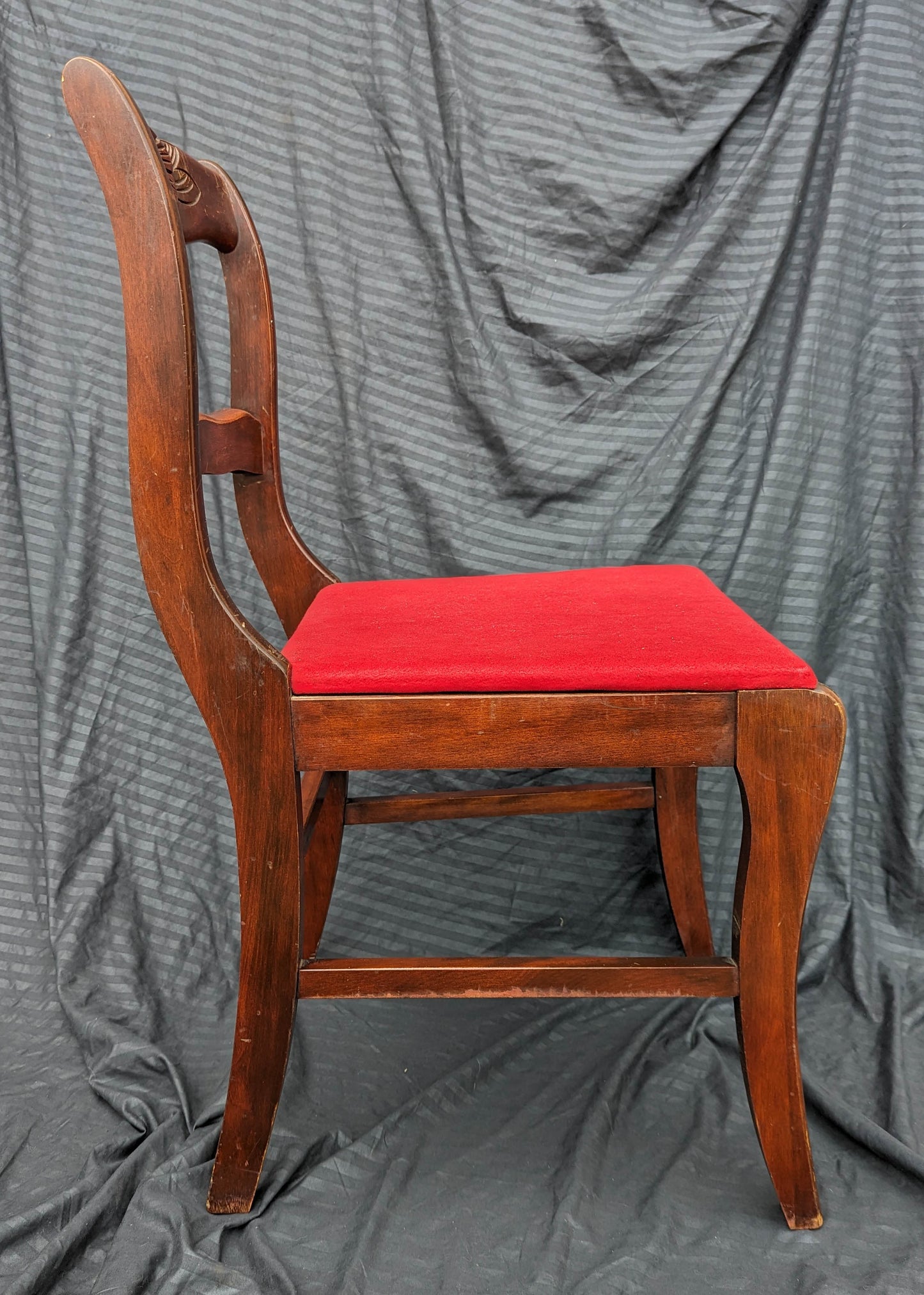 Antique Vintage Old SOLID Wood Wooden Floral Carved Side Dining Accent Desk Chair Red Fabric Seat