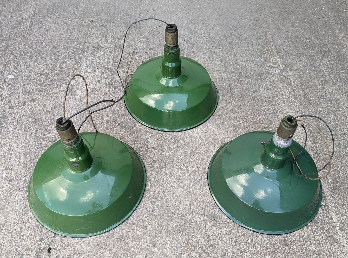 Lot Set of 3 Vintage Antique Old 16" Salvaged Reclaimed Art Deco Factory Industrial Porcelain Enamel Steel Metal Lamp Shade Ceiling Light Cover Fixture