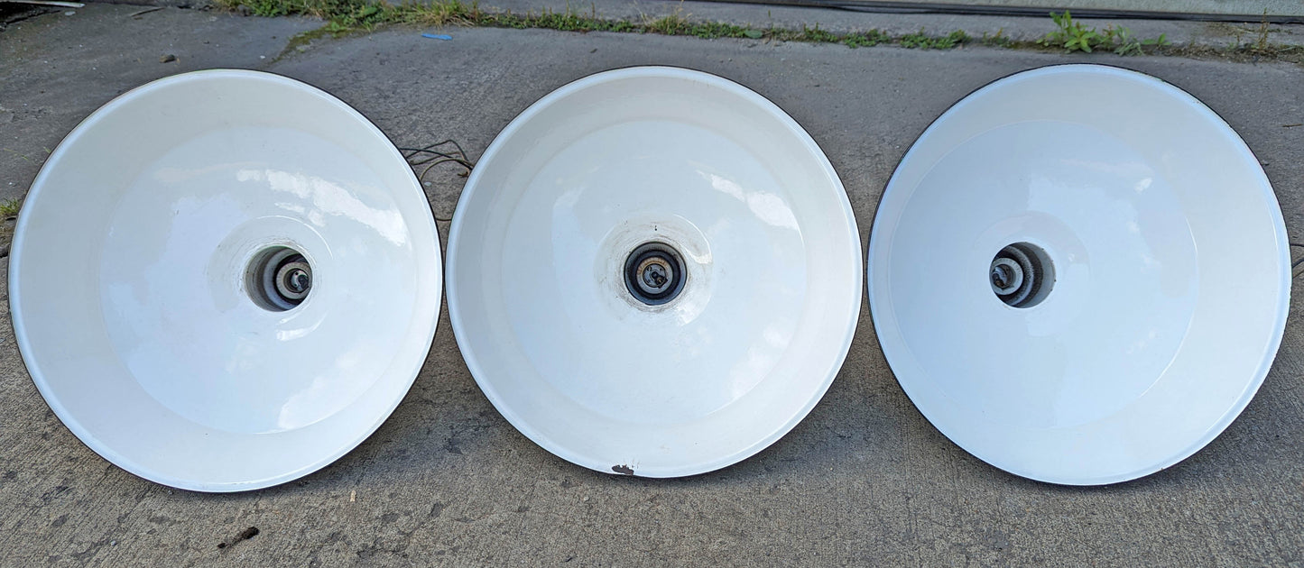 Lot Set of 3 Vintage Antique Old 16" Salvaged Reclaimed Art Deco Factory Industrial Porcelain Enamel Steel Metal Lamp Shade Ceiling Light Cover Fixture