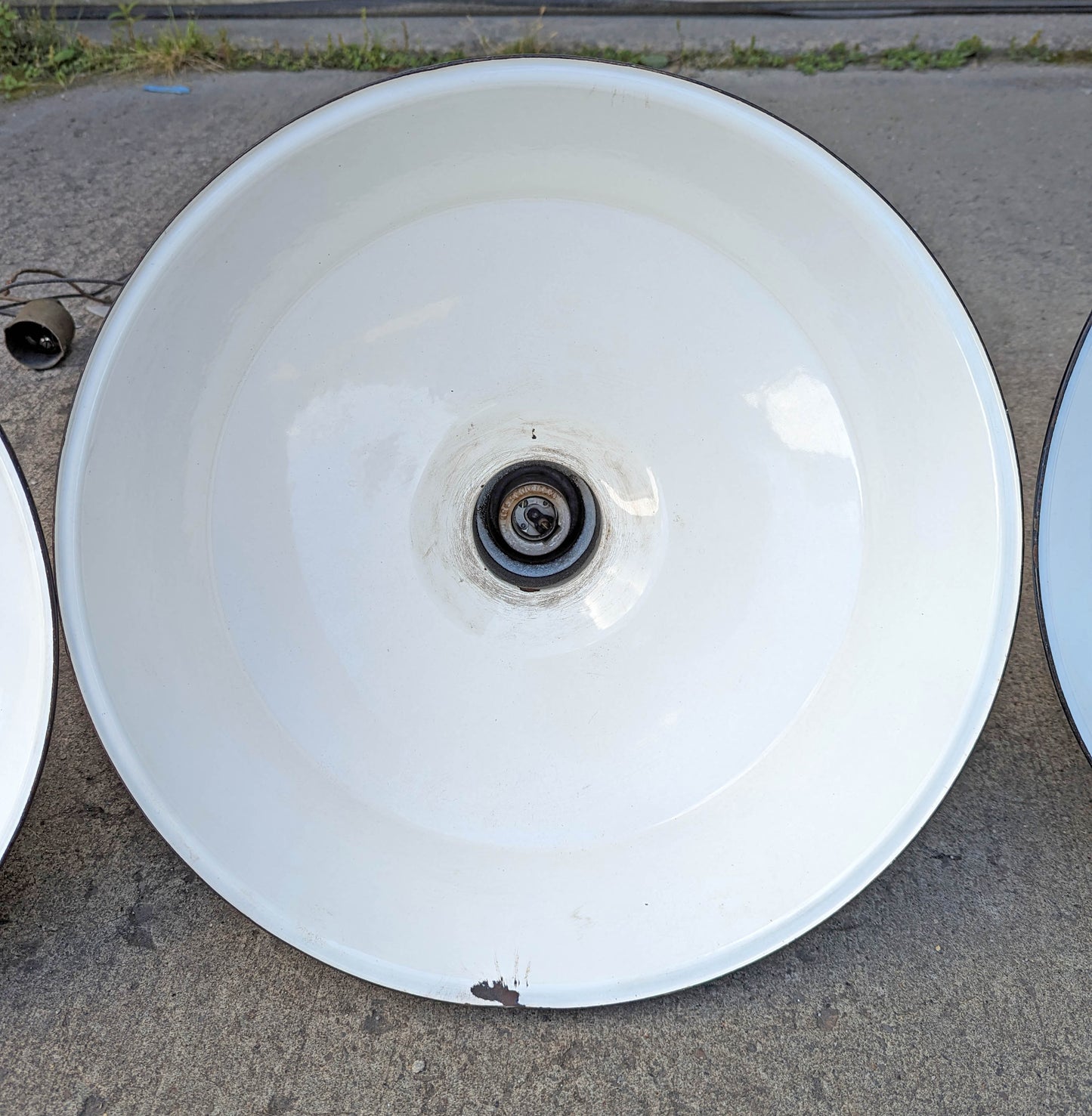 Lot Set of 3 Vintage Antique Old 16" Salvaged Reclaimed Art Deco Factory Industrial Porcelain Enamel Steel Metal Lamp Shade Ceiling Light Cover Fixture