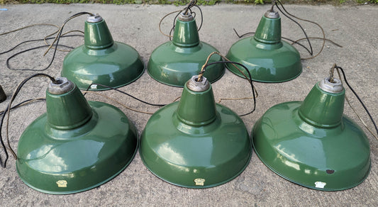 Lot Set of 6 Vintage Antique Old 12" Salvaged Reclaimed Art Deco Factory Industrial Green White Porcelain Enamel Steel Metal Lamp Shade Ceiling Light Cover Fixture