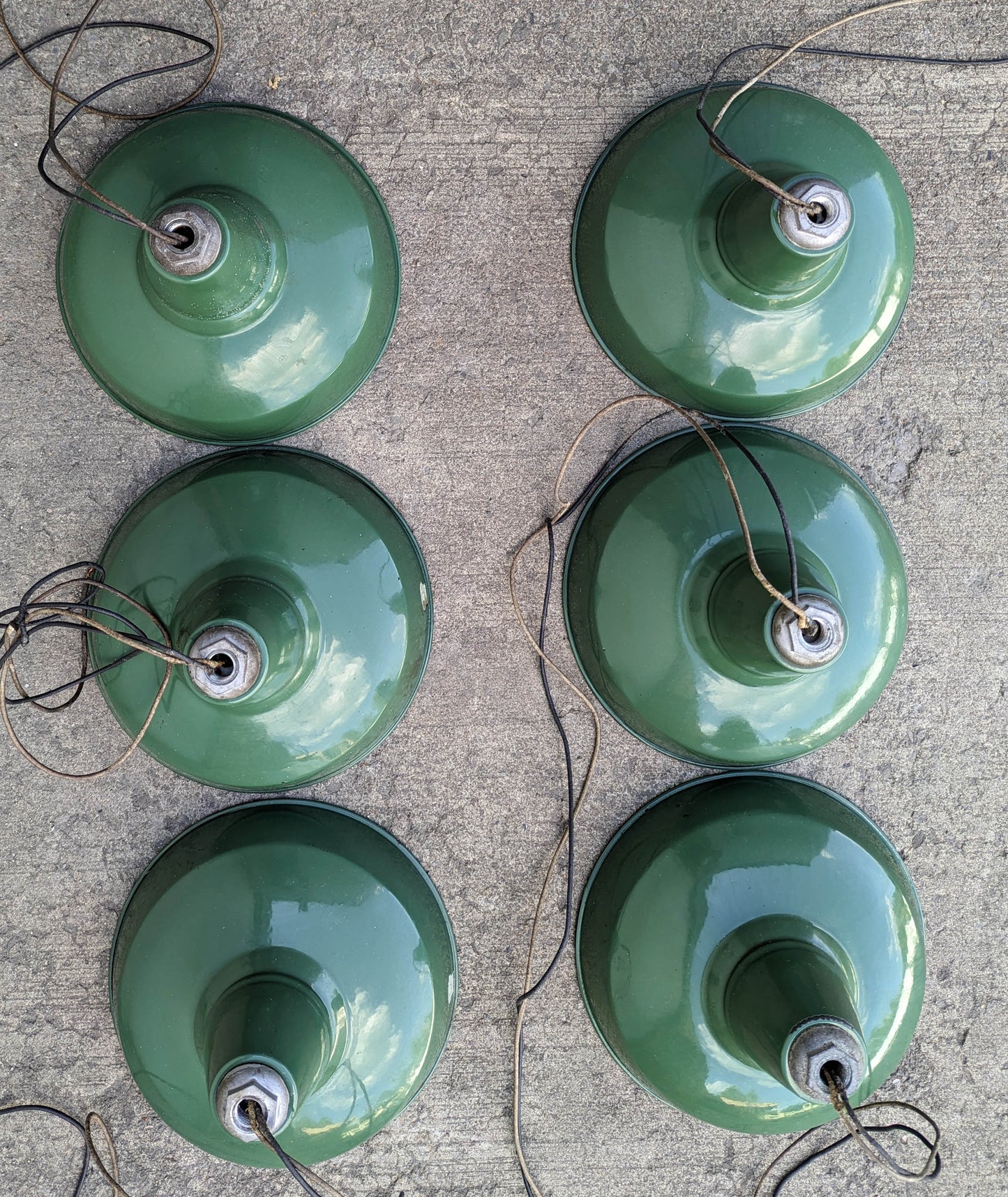 Lot Set of 6 Vintage Antique Old 12" Salvaged Reclaimed Art Deco Factory Industrial Green White Porcelain Enamel Steel Metal Lamp Shade Ceiling Light Cover Fixture