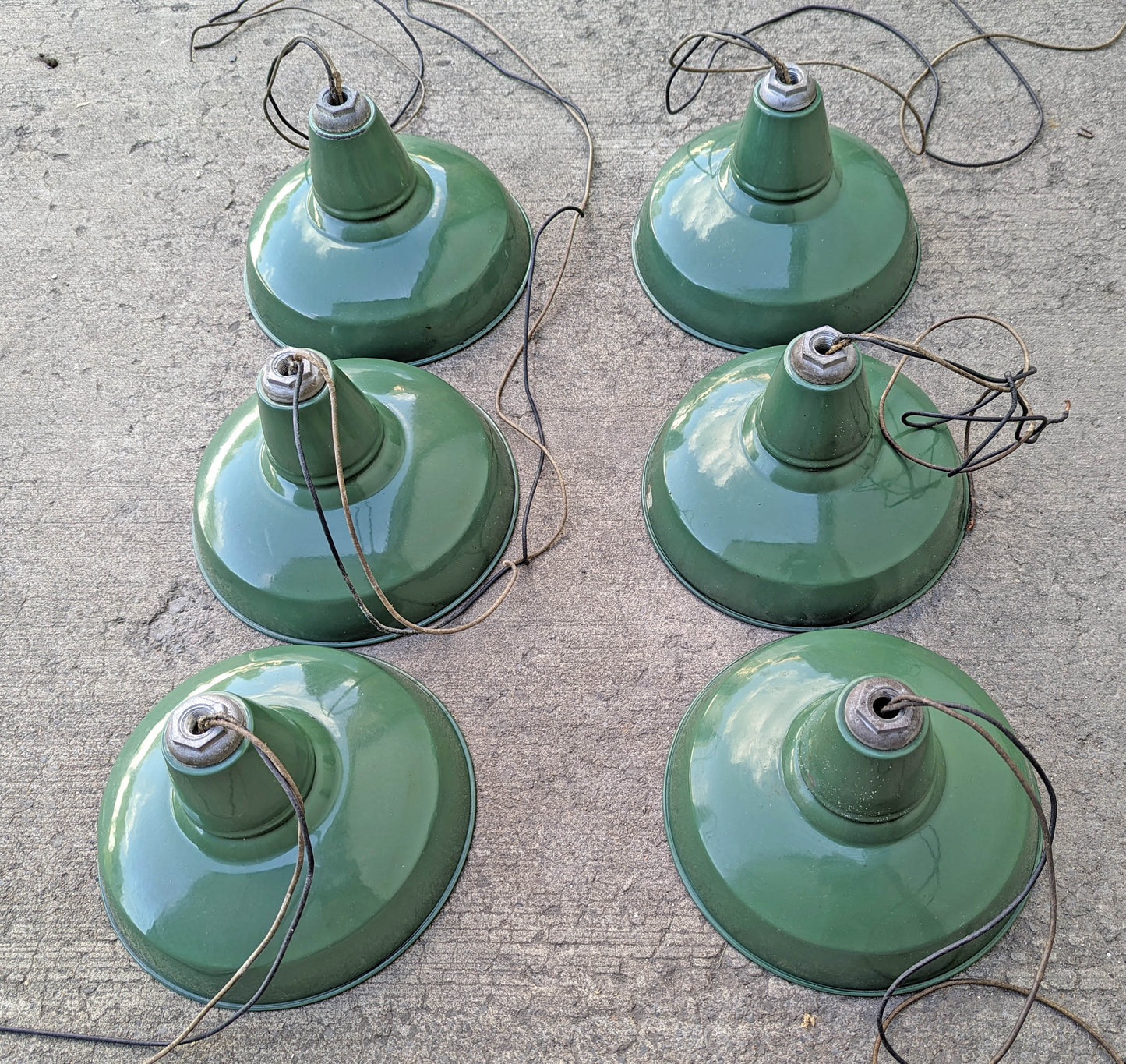 Lot Set of 6 Vintage Antique Old 12" Salvaged Reclaimed Art Deco Factory Industrial Green White Porcelain Enamel Steel Metal Lamp Shade Ceiling Light Cover Fixture