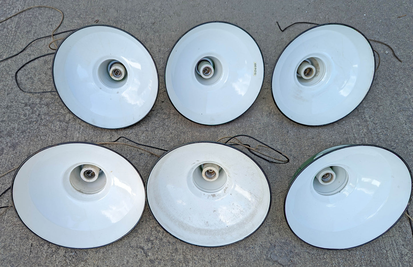 Lot Set of 6 Vintage Antique Old 12" Salvaged Reclaimed Art Deco Factory Industrial Green White Porcelain Enamel Steel Metal Lamp Shade Ceiling Light Cover Fixture