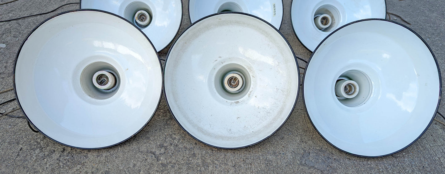 Lot Set of 6 Vintage Antique Old 12" Salvaged Reclaimed Art Deco Factory Industrial Green White Porcelain Enamel Steel Metal Lamp Shade Ceiling Light Cover Fixture