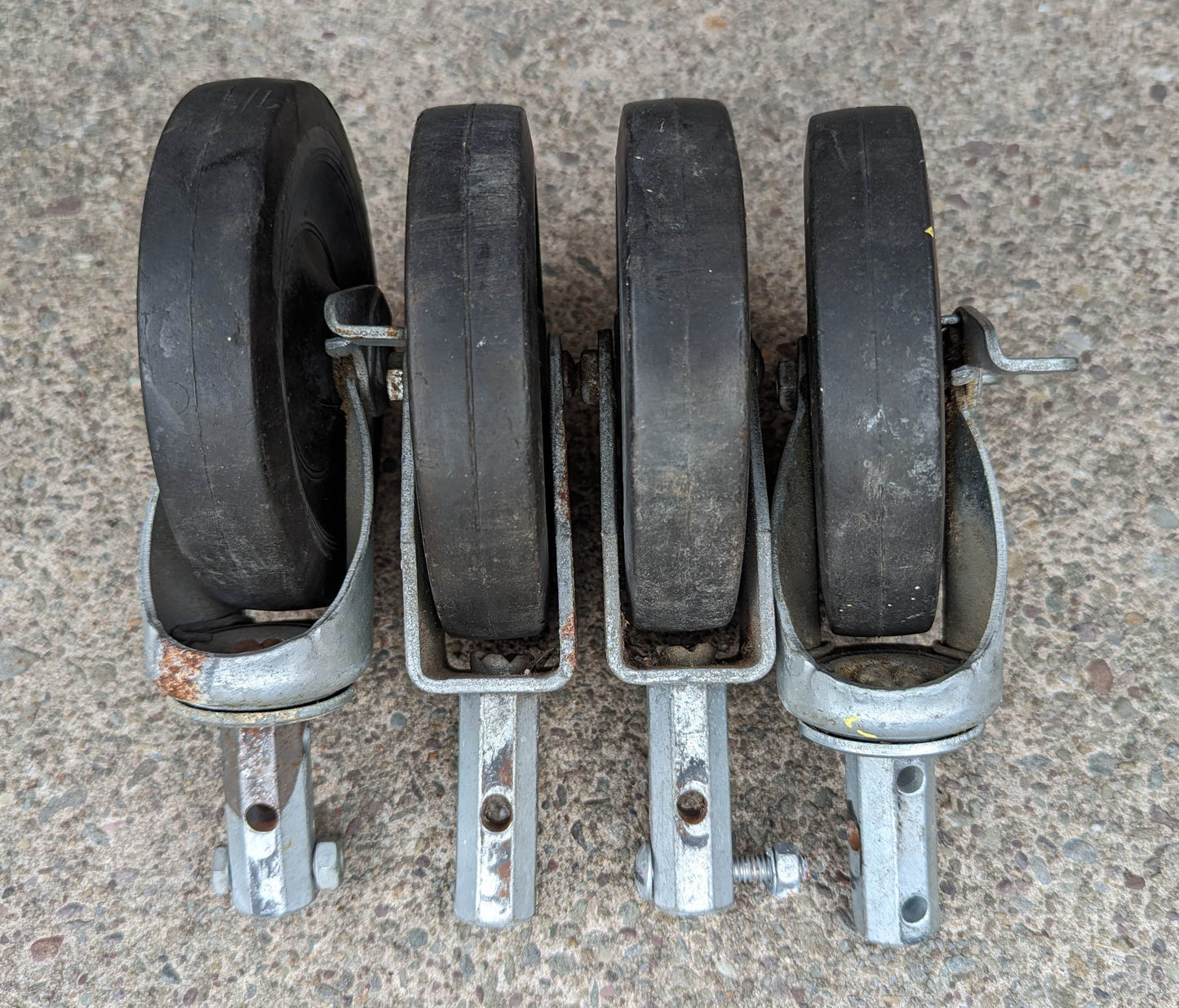 Set 4 Vintage Old 5" Hard Rubber Steel "Bassick" Cart Casters Wheels Heavy Duty Roller Ball Bearing Salvaged Reclaimed