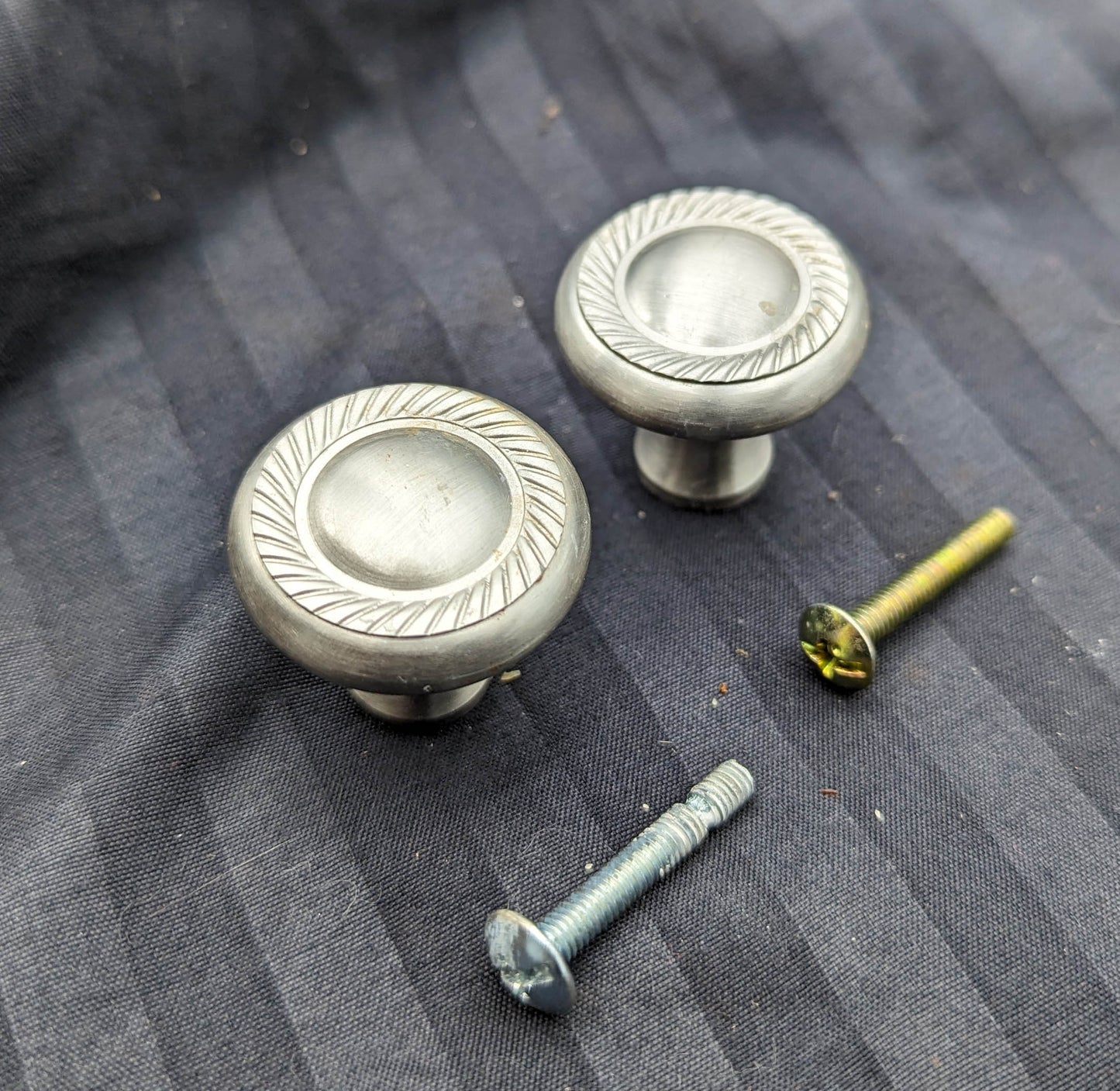 5 available Pair Vintage Old Reclaimed Salvaged Round Brushed Satin Nickel Brass Dresser Drawer Cabinet Furniture Mushroom Knob Pull Handle