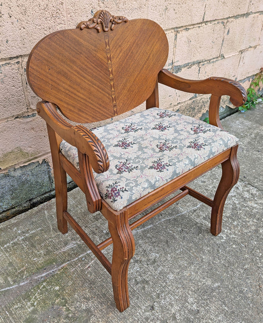 Antique Vintage Old Victorian Carved SOLID Wood Wooden Bench Arm Chair Armchair Settee Floral Fabric Seat