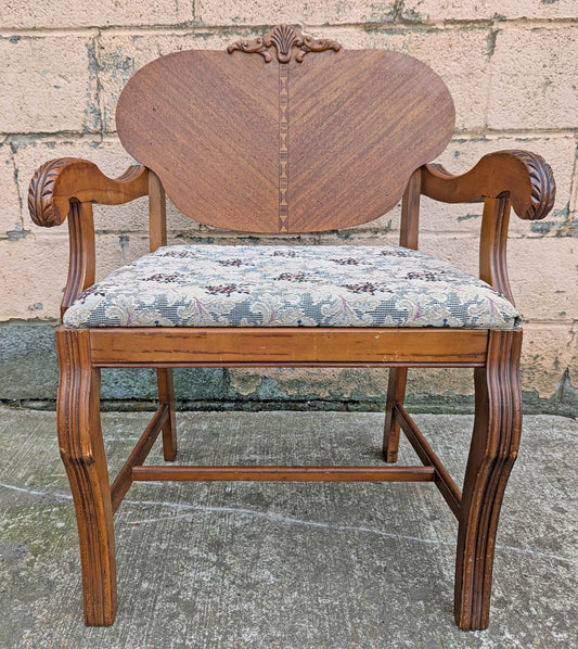 Antique Vintage Old Victorian Carved SOLID Wood Wooden Bench Arm Chair Armchair Settee Floral Fabric Seat