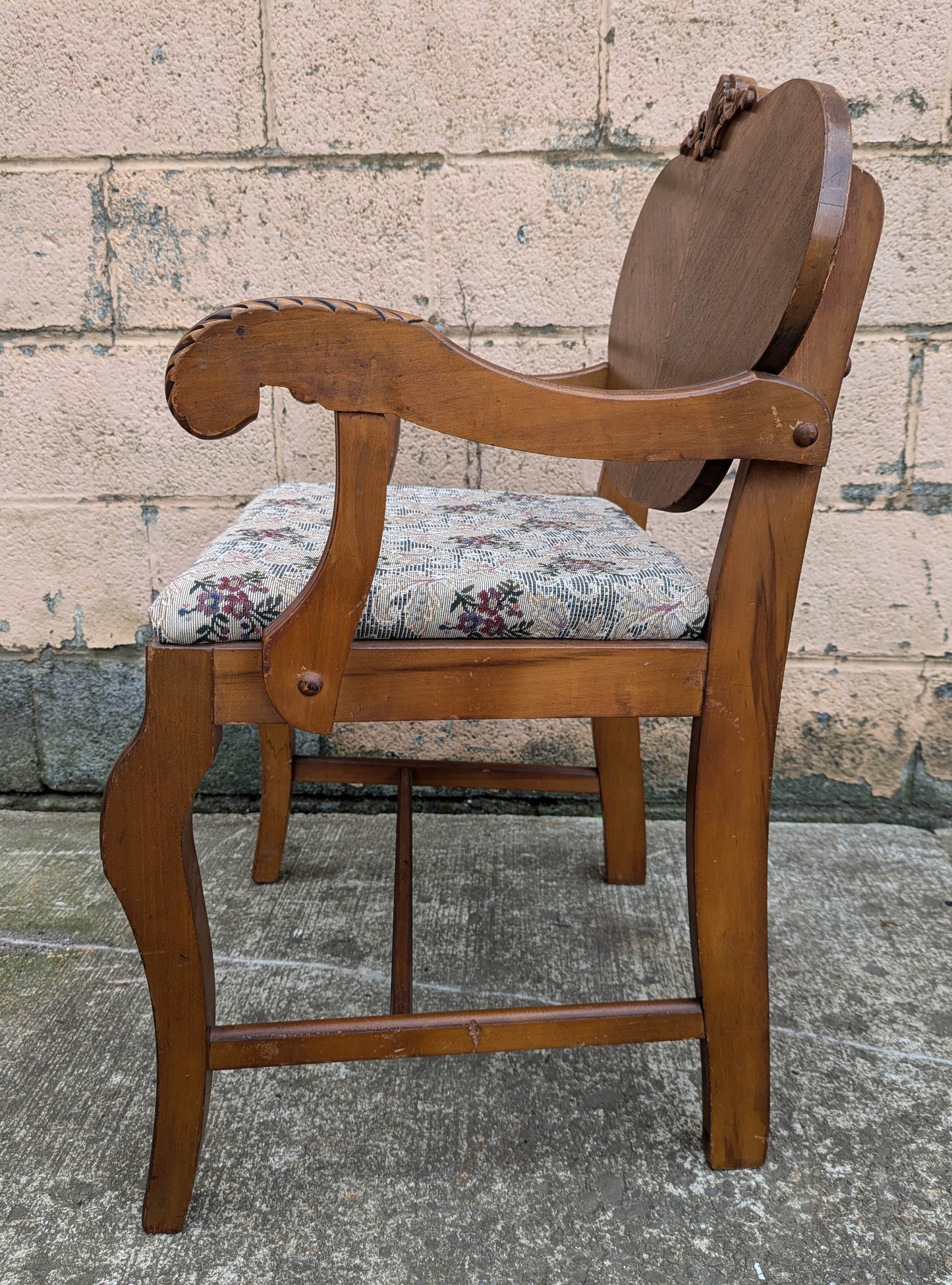 Antique Vintage Old Victorian Carved SOLID Wood Wooden Bench Arm Chair Armchair Settee Floral Fabric Seat