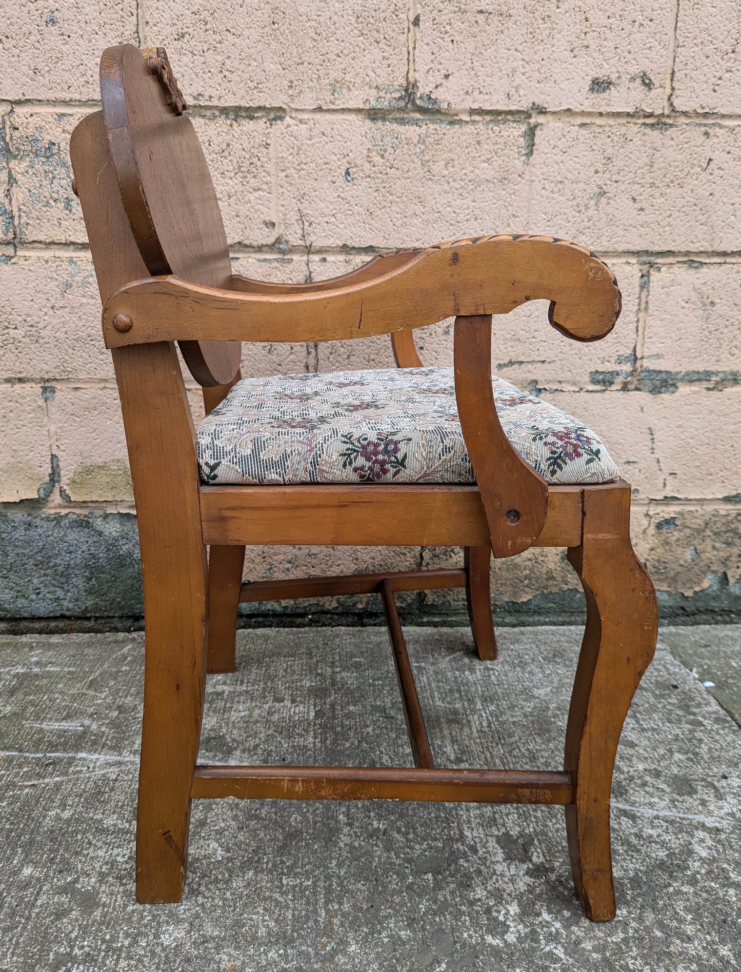 Antique Vintage Old Victorian Carved SOLID Wood Wooden Bench Arm Chair Armchair Settee Floral Fabric Seat