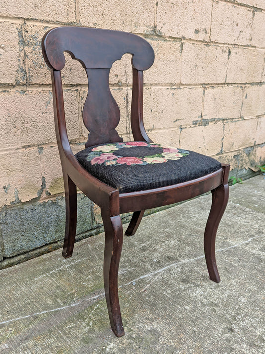 Antique Vintage Old Fiddle Back SOLID Walnut Wood Wooden Side Dining Accent Desk Chair Floral Needlepoint Fabric Seat