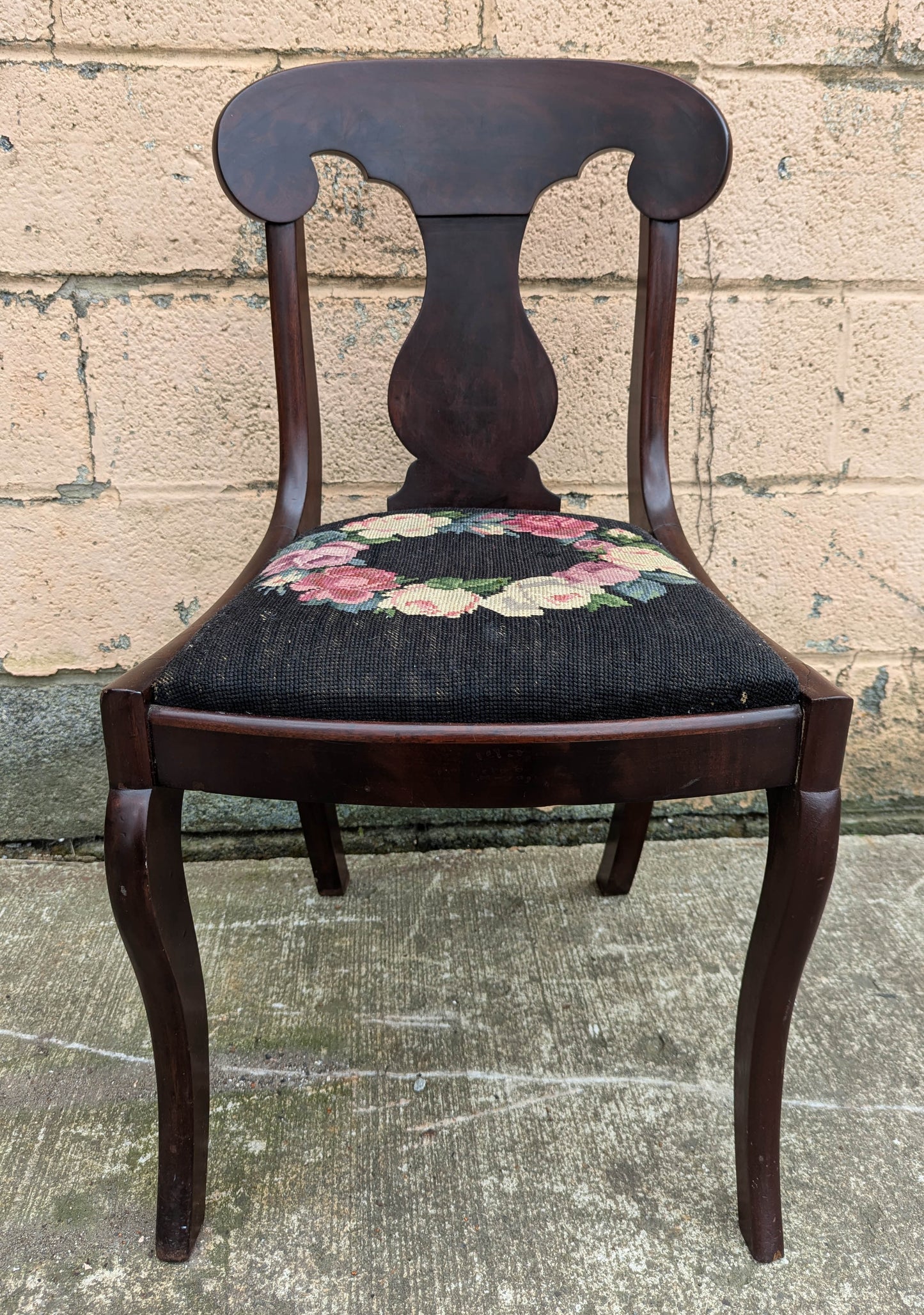 Antique Vintage Old Fiddle Back SOLID Walnut Wood Wooden Side Dining Accent Desk Chair Floral Needlepoint Fabric Seat