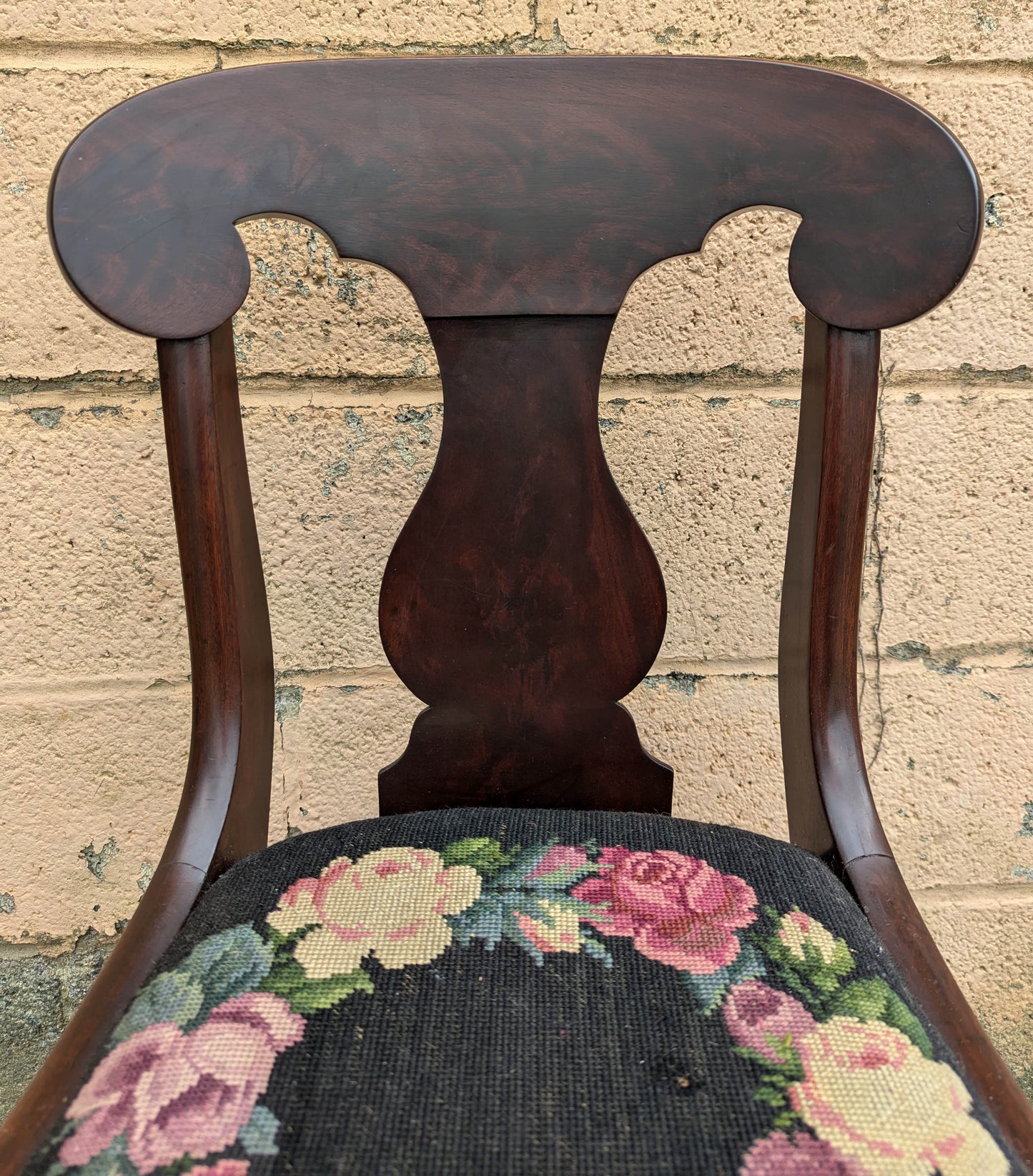 Antique Vintage Old Fiddle Back SOLID Walnut Wood Wooden Side Dining Accent Desk Chair Floral Needlepoint Fabric Seat