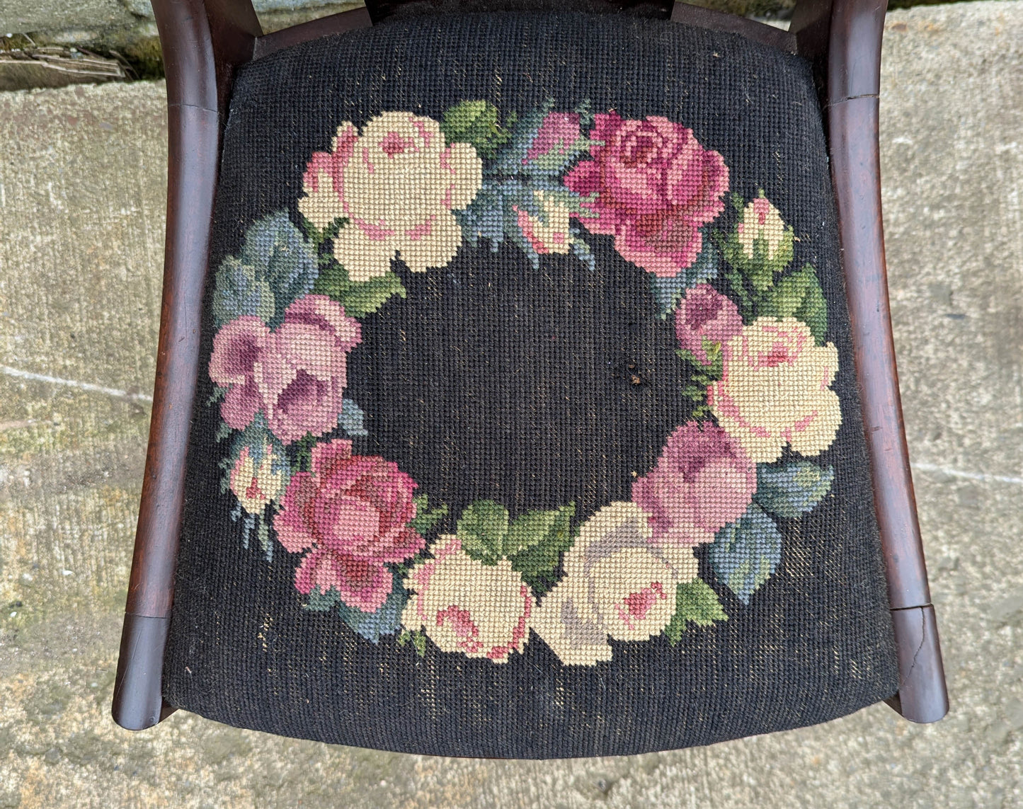 Antique Vintage Old Fiddle Back SOLID Walnut Wood Wooden Side Dining Accent Desk Chair Floral Needlepoint Fabric Seat