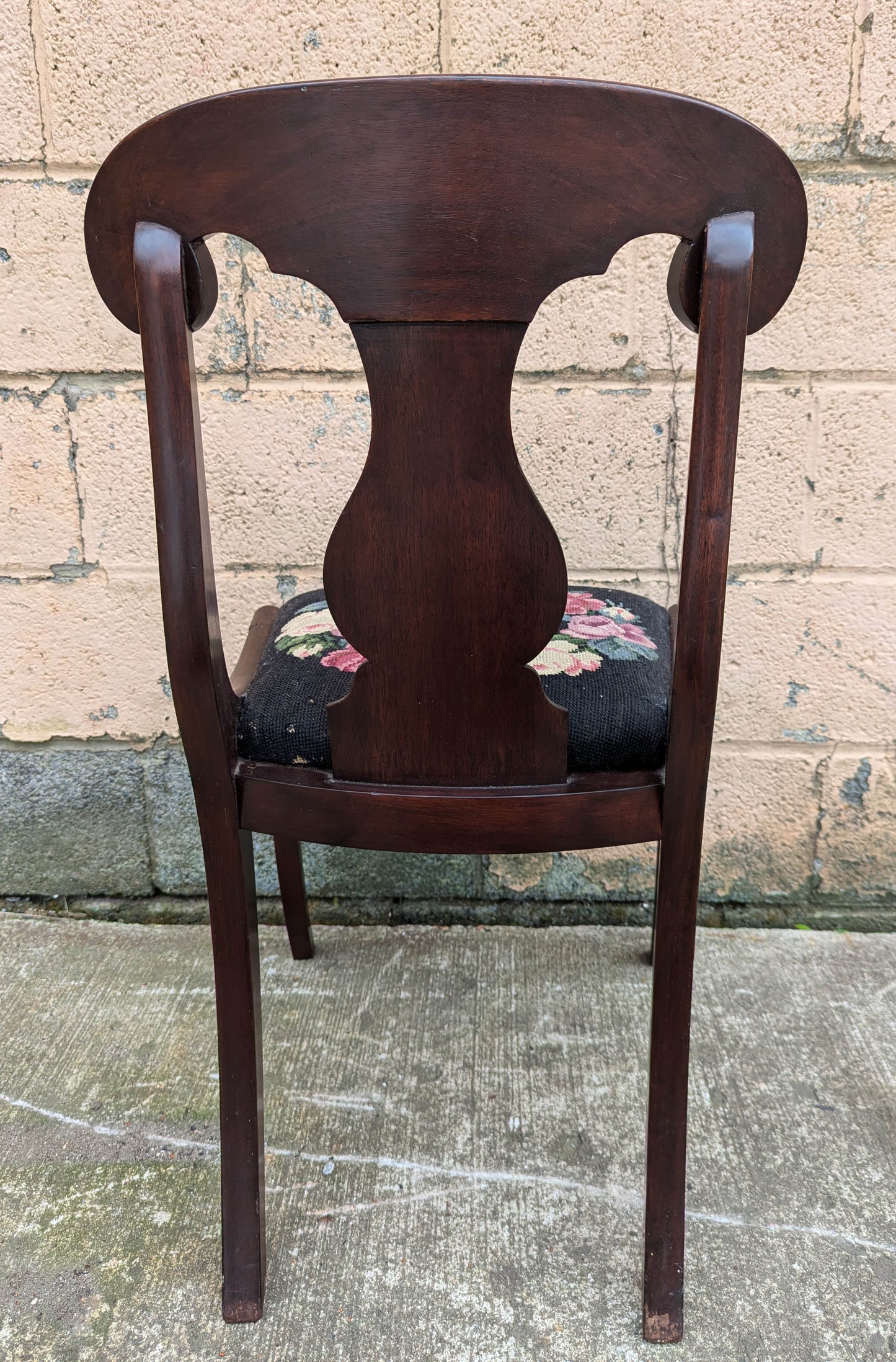 Antique Vintage Old Fiddle Back SOLID Walnut Wood Wooden Side Dining Accent Desk Chair Floral Needlepoint Fabric Seat