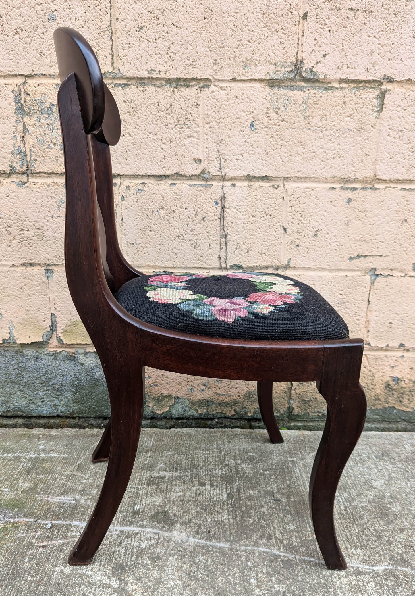 Antique Vintage Old Fiddle Back SOLID Walnut Wood Wooden Side Dining Accent Desk Chair Floral Needlepoint Fabric Seat